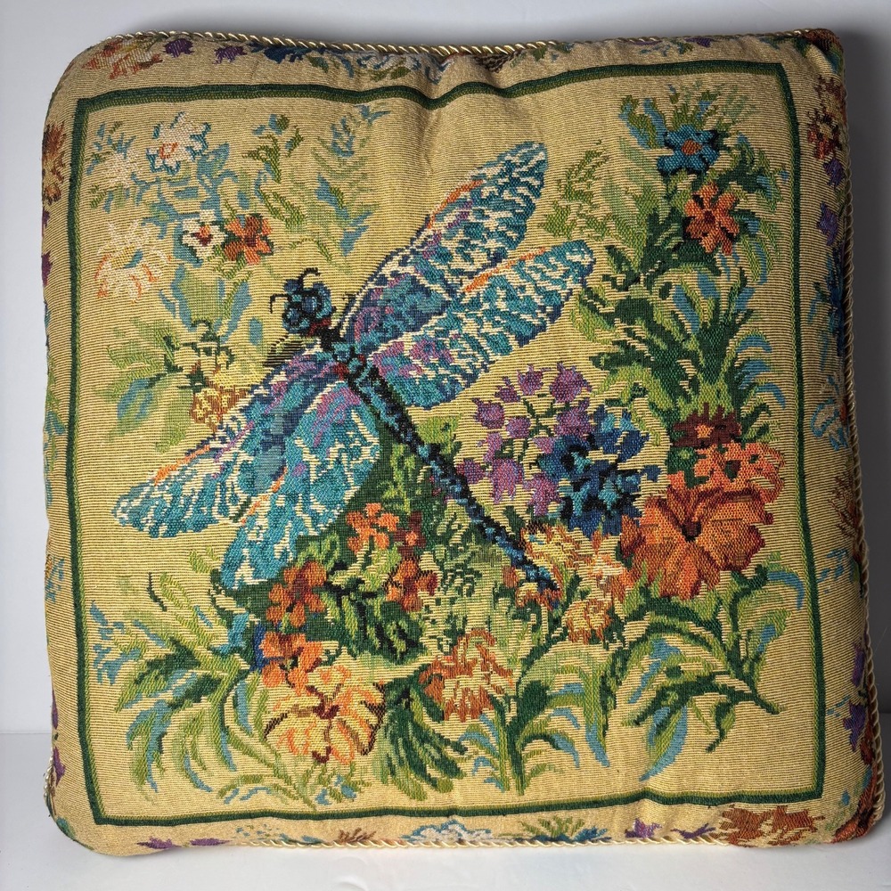 Floral Butterfly/ Dragonfly Tapestry Square Pillow Roped Gold Lining Embroidered